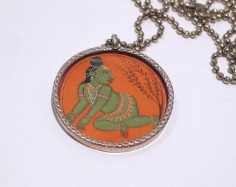 Baby Krishna Pendant from India Old Vintage Miniature Painting / Print Necklace / Crawling Bala Krishan Hindu Divine God