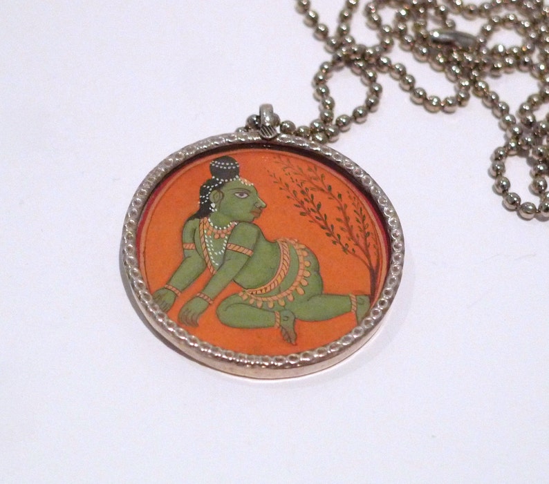 Baby Krishna Pendant from India 1990s Vintage Miniature Painting Print Necklace Crawling Bala Krishan Hindu Divine God