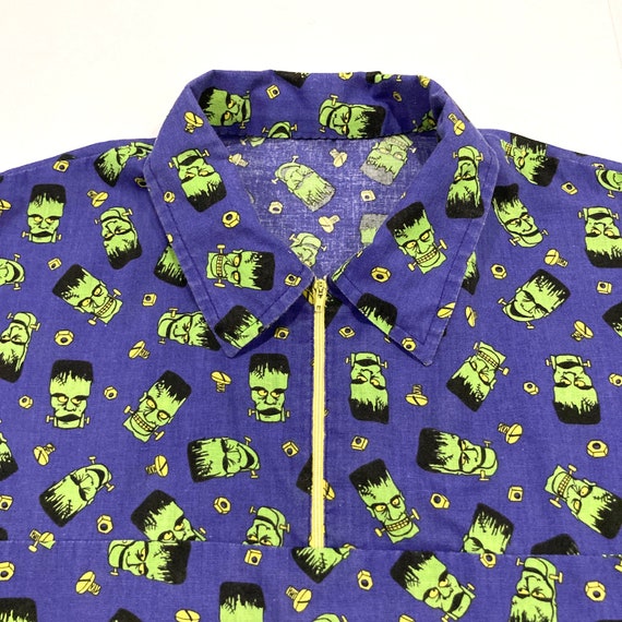 Frankenstein Pullover Shirt - Boxy Fit - Halloween - Vintage 1990s Purple, Green & Yellow Head Nuts and Bolts Print / Quarter Zip - Size XL View 3