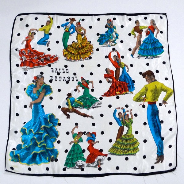 Flamenco Dancer Souvenir Scarf 1950s Vintage Black and White Polka Dot Baile Espanol Travel Scarf / Traditional Costumes / Spanish Dancers