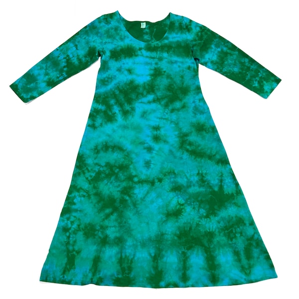 Tie-Dye Maxi Dress from Dharma Trading Company - Vintage 1990's Blue and Green Cotton, Long Sleeved, Hand Dyed Women's Size XL - Made in USA