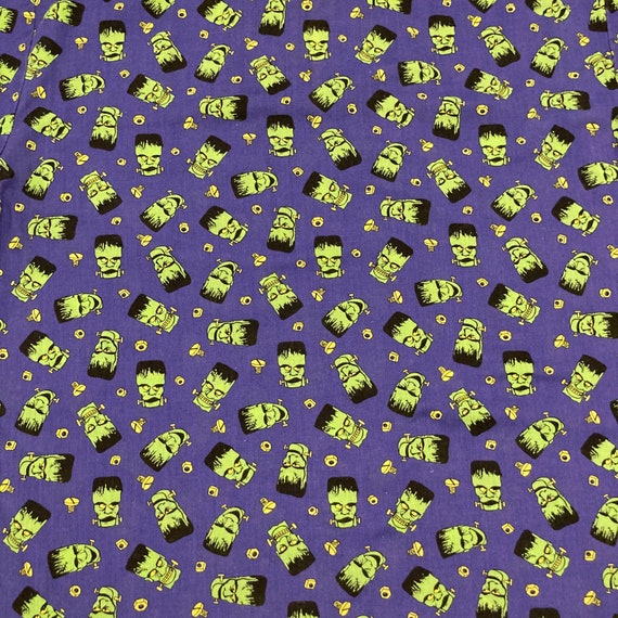 Frankenstein Pullover Shirt - Boxy Fit - Halloween - Vintage 1990s Purple, Green & Yellow Head Nuts and Bolts Print / Quarter Zip - Size XL View 4