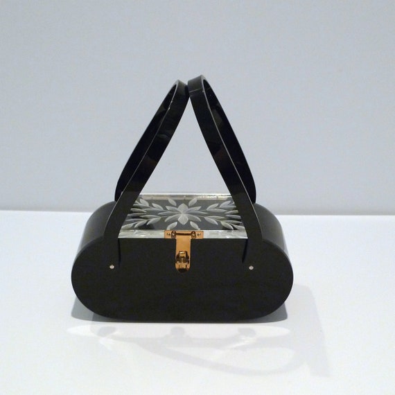 Black Lucite purse with clear lid 1950s Vintage Ca