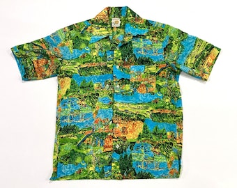 Van Gogh Inspired Graphic Shirt - Peachskin by Carriage House of California - Vintage 1970's Polyester Top - Size M Medium - Mens Camp Shirt
