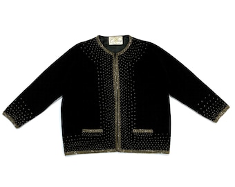 Black and Gold Beaded Knit Cardigan Jacket  - Vintage 1950s, Size Large - Hand Decorated Beading - Crown Colony / Wool / Made in Hong Kong
