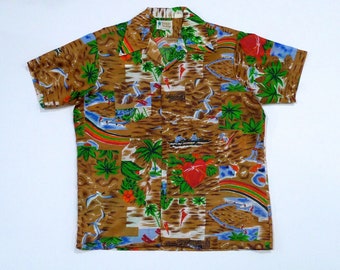 Waikiki Holiday Hawaiian Shirt with Rainbows and Seagulls 70s Vintage Aloha Polynesian Shirt / Tiki Luau Party / Size L / Polyester / Korea