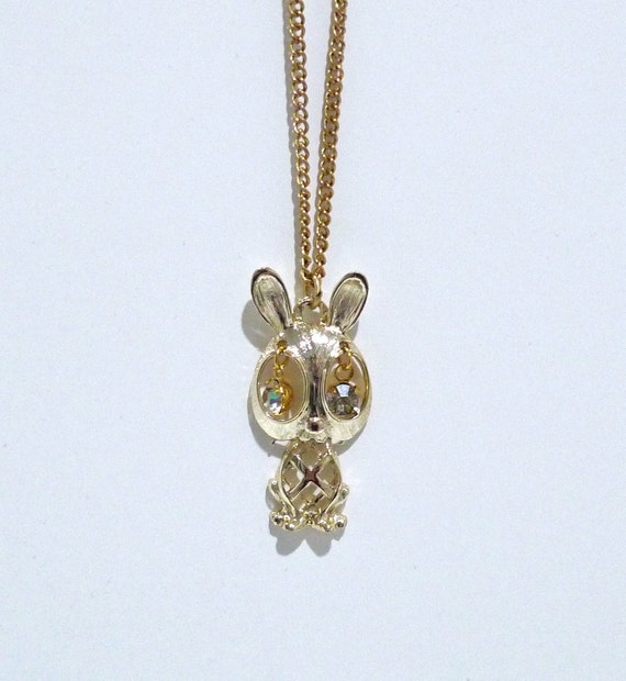 Rabbit Necklace with Moveable Eyes / Gold Bunny Mo