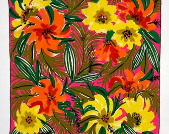 Vera Scarf with Tropical Flowers Print - Vintage 1960's Vera Neumann Signature Ladybug, Pink, Yellow, Red, Green Square Head & Neck Scarf