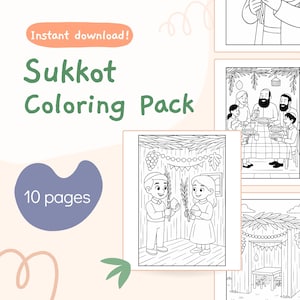 Puede incluir: Un paquete para colorear de Sucot con el texto "¡Descarga instantánea!" y "Sukkot Coloring Pack" en verde. La imagen incluye una forma azul con el texto "10 páginas". Las páginas para colorear representan escenas de la festividad de Sucot.