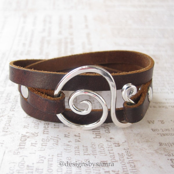 Full Grain Leather Wrap Bracelet with Handcrafted Sterling Silver Scroll - Right or Left Handed Clasp