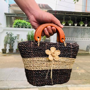Rattan Woven Handbag with Wooden Top Handle | Stylish Boho Bags for Summer Party | Anniversary Gifts for Her