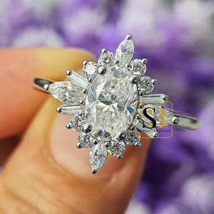 2 CT Oval Moissanite Starburst Engagement Ring, Oval Halo Moissanite Ring, 14K Gold Cluster Halo Wedding Ring Art Deco Ring Anniversary Ring