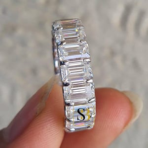 Emerald Cut Moissanite Diamond Band, 14K White Gold Emerald Cut Band, Full Eternity Wedding Band, Emerald U Prong Set Band, Anniversary Gift