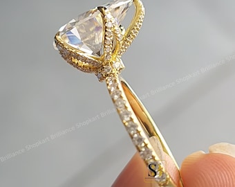 4 Ct Pear Moissanite Tulip Prong Engagement Ring Pear Cut Petal Prong Pave Ring 14K Yellow Gold Pear Diamond Wedding Ring Hidden Halo Ring