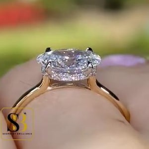 Könnte beinhalten: Ein goldener Verlobungsring mit einem großen, runden, klaren Diamanten als Mittelstein. Der Diamant ist von einem Halo aus kleineren Diamanten umgeben. Der Ring ist auf einem goldenen Band gefasst. Der Ring befindet sich am Finger einer Person.