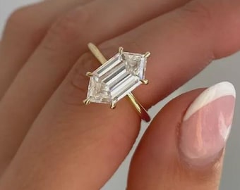 4CT Hexagon Cut Moissanite Engagement Ring 14K Yellow Gold Hexagon Cut Hidden Halo Ring Dutch Marquise Ring Proposal Ring Antique Shape Ring