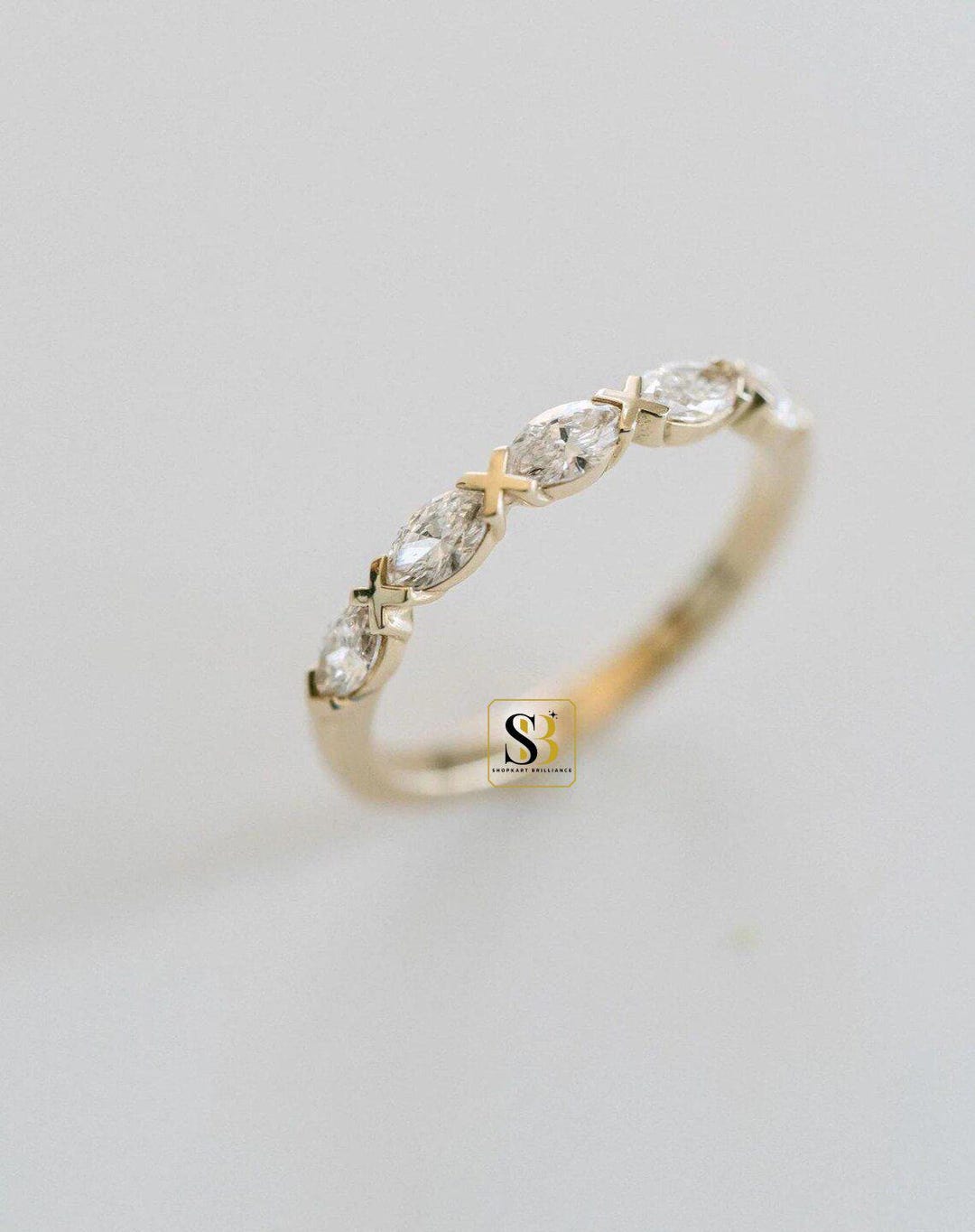 Marquise Cut Moissanite Wedding Band, 14K Solid Gold Half Eternity Ring ...