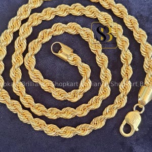 925 Sterling Silver Rope Chain Necklace, 14K Yellow Gold Plated Rope Link Chain, Unisex Rope Chain, Urban Hip Hop Jewelry Twisted Rope Chain