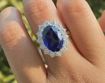 Princess Diana Engagement Ring 4 CT Oval Cut Moissanite Halo Wedding Ring 14K Gold Oval Blue Sapphire Halo Ring Bridal Ring Birth Stone Ring