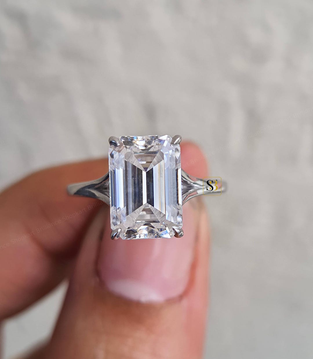 3CT Emerald Cut Split Shank Solitaire Engagement Ring 14K White Gold ...