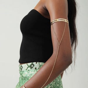 Gold Upper Arm Cuff Bracelet with Chain | Boho Arm Jewelry for Women | Adjustable Festival Armlet | Statement Arm Chain Bracelet