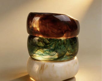 Chunky Resin Bangle Bracelet Set, Marbled Effect, Retro Statement Stack Jewelry