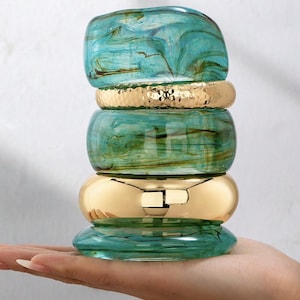 Chunky Turquoise Bangle Set, Acrylic Marble Resin Bracelet, Wide Gold Metallic Cuff, Stackable Boho Bangles, Retro Statement Jewelry