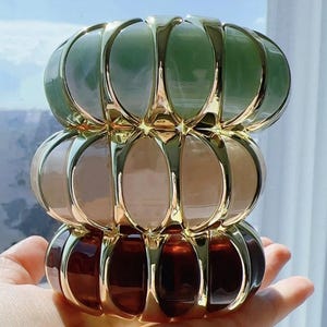 Chunky Resin Bangle Set, 3 Piece Stackable Marble Bracelets, Gold Cage Stretch Cuff, Jade Green Ivory Amber Tortoise Bracelet Stack