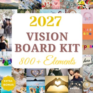 May include: A 2027 Vision Board Kit featuring 800+ elements. The central white graphic displays the text 2027 VISION BOARD KIT 800+ Elements in yellow and brown, surrounded by a collage of lifestyle images including nature, food, and people.