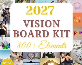 May include: A 2027 Vision Board Kit featuring 800+ elements. The central white graphic displays the text 2027 VISION BOARD KIT 800+ Elements in yellow and brown, surrounded by a collage of lifestyle images including nature, food, and people.