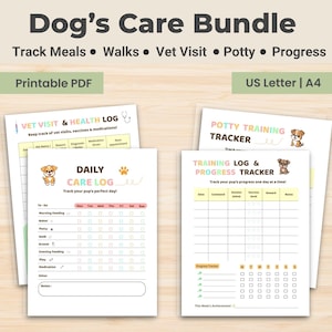May include: A printable PDF Dog's Care Bundle with tracking logs for meals, walks, vet visits, potty, and progress. Includes a Vet Visit & Health Log, Daily Care Log, Potty Training Tracker, and Training Log & Progress Tracker. US Letter size.