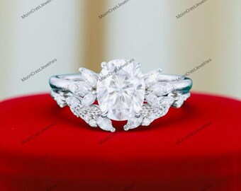 Oval Moissanite engagement ring set vintage unique rose gold engagement ring women Marquise Cluster ring diamond wedding Bridal Promise ring