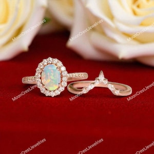 Oval Opal engagement ring set vintage rose gold engagement ring women Curved Band Moisssanite wedding Bridal Promise ring gift for her
