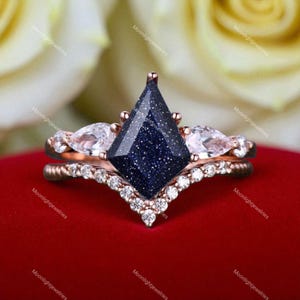 Kite Cut Blau Sandstein Verlobungsring Set Rose Gold Moissanite Hochzeit Ring Braut Set Einzigartige Galaxy Versprechen Ring Geschenk für Sie