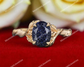 Galaxy Oval Blue Sandstone Ring, Leaf Branch, Natural Inspired Silver Gold Blue sandstone Engagement Ring, Dainty Ring For Women's