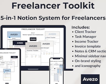 Plantilla de Notion para freelancers / Panel de control de Business Hub / Seguimiento de clientes, Planificador de presupuesto, CRM, Tareas y calendario. Precio de lanzamiento por tiempo limitado.