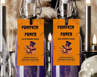PumpkinPunch ハロウィン タグ – 印刷可能なボトルハンガー | デジタルアルコールラベル。