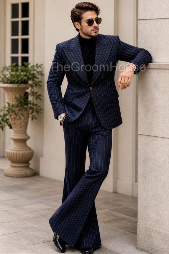 Men's Navy Pinstripe Suit | 70s Vintage Bell Bottom Suit | Wide Flare Leg Retro Suit for Weddings & Editorial
