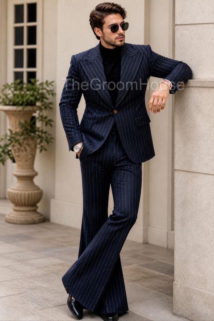 Men's Navy Pinstripe Suit | 70s Vintage Bell Bottom Suit | Wide