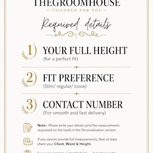 Puede incluir: Un p&oacute;ster crema con detalles dorados de The Groomhouse. El p&oacute;ster solicita la altura completa del cliente, la preferencia de ajuste (slim, regular o suelto) y el n&uacute;mero de contacto. Tambi&eacute;n solicita medidas de pecho, cintura y altura.