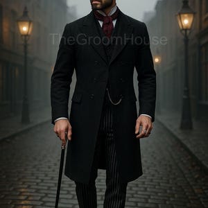 Wiktoriański dżentelmen w surducie | Edwardiański czarny frak | Kostium vintage w stylu steampunk | Historyczny strój męski | Gotycki strój ślubny