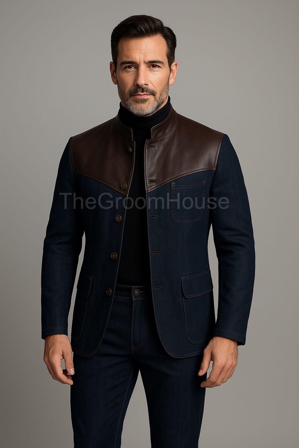Men's Blue Denim Suit, 2 Piece with Leather Yoke Western Style Nehru Collar Jacket & Pants Unique Party Wear, Custom Made Suit