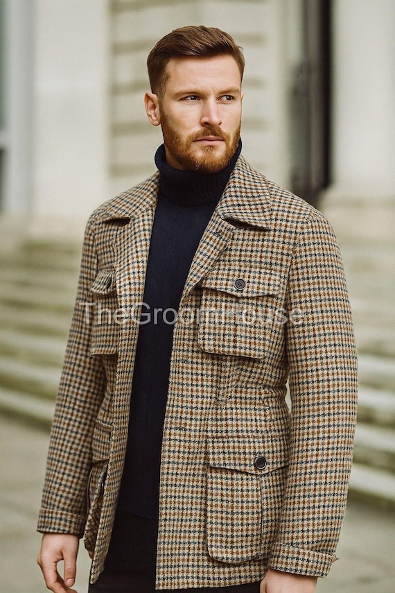 Men's Wool Houndstooth Check Jacket | Vintage Style Brown Plaid
