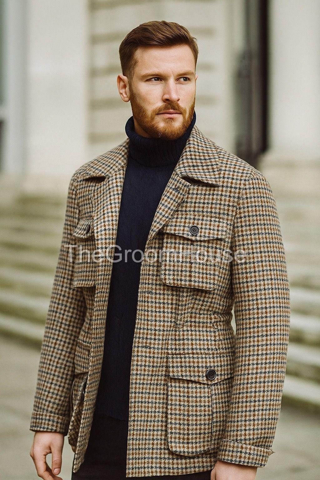 Men's Wool Houndstooth Check Jacket | Vintage Style Brown Plaid