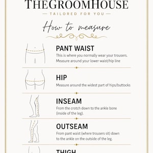 Puede incluir: Gr&aacute;fico crema con texto e ilustraciones que detallan c&oacute;mo medir para pantalones. El texto incluye "PANT WAIST", "HIP", "INSEAM", "OUTSEAM" y "THIGH", con instrucciones de medici&oacute;n. El logotipo de Groomhouse est&aacute; en la parte superior.