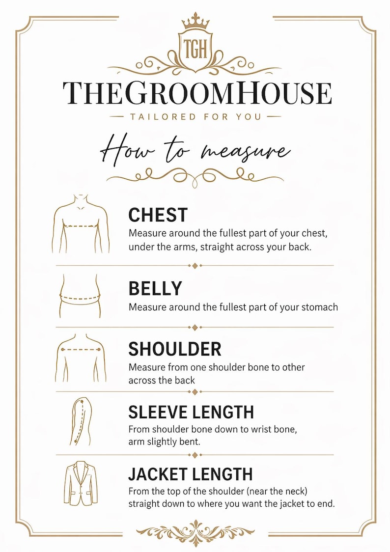 Puede incluir: Gr&aacute;fico color crema con el texto "THE GROOMHOUSE" y "C&oacute;mo medir". Los diagramas ilustran la medici&oacute;n del pecho, el vientre, el hombro, la longitud de la manga y la longitud de la chaqueta. Imagen para ropa a medida.