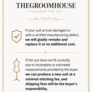 Puede incluir: Gr&aacute;fico informativo crema de THEGROOMHOUSE con el texto "TAILORED FOR YOU". Detalla la pol&iacute;tica de la empresa sobre trajes da&ntilde;ados y ajuste incorrecto debido a las medidas del comprador. Incluye un icono de escudo y un icono de maniqu&iacute;.