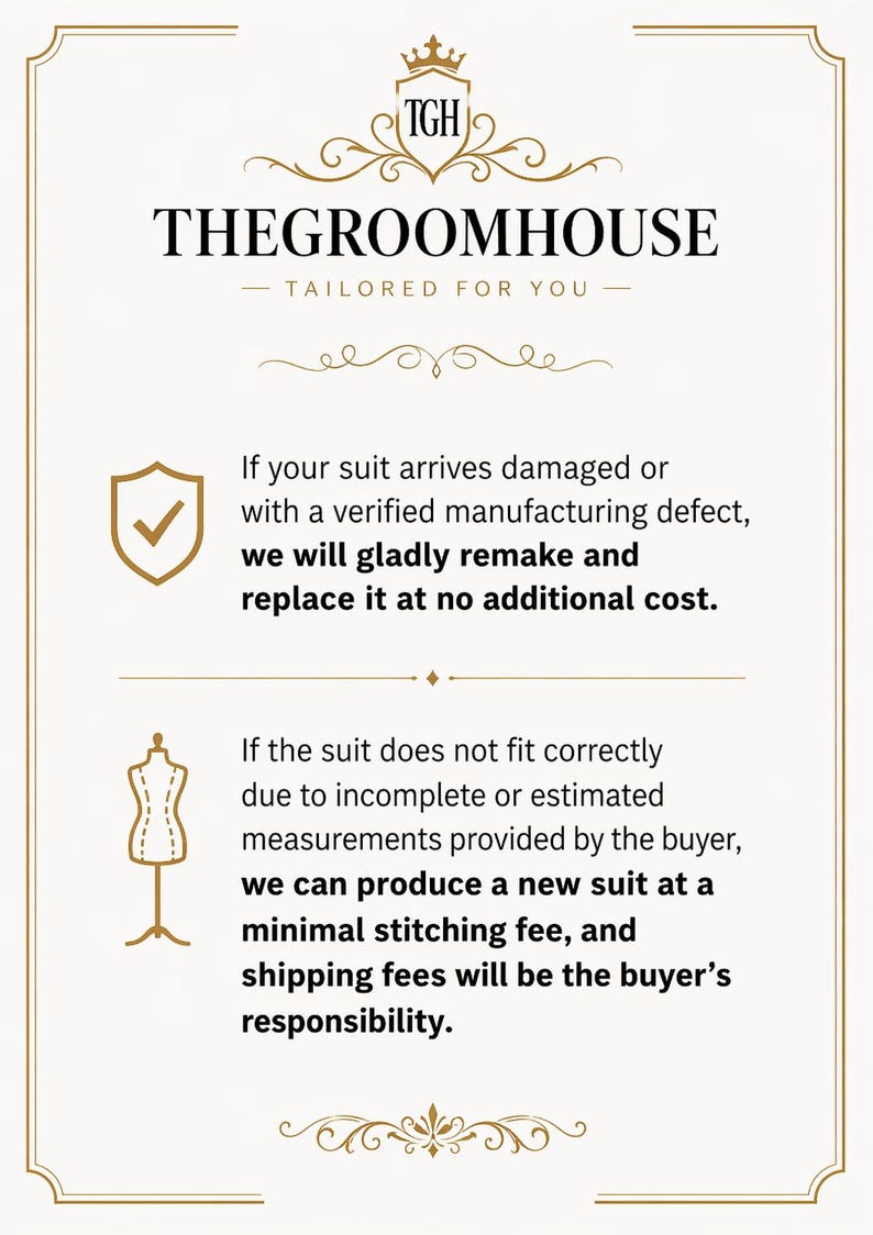 Puede incluir: Gr&aacute;fico informativo crema de THEGROOMHOUSE con el texto "TAILORED FOR YOU". Detalla la pol&iacute;tica de la empresa sobre trajes da&ntilde;ados y ajuste incorrecto debido a las medidas del comprador. Incluye un icono de escudo y un icono de maniqu&iacute;.