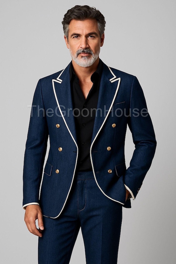 denim dress suit Men's Linen-Look Blue Suit, 54 Long, Modern Fit