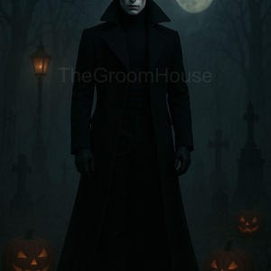 Puede incluir: Imagen oscura con una persona vestida con un abrigo largo negro y un cuello alto, en un cementerio con calabazas talladas. El texto TheGroomHouse es visible. Una luna llena y una farola iluminada crean un ambiente espeluznante.